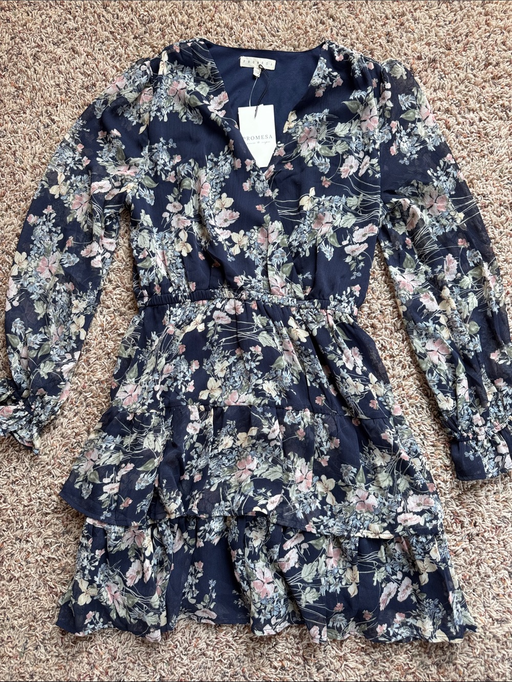 NWT Promesa Navy Floral Tiered Ruffle Dress with Pink Blossoms